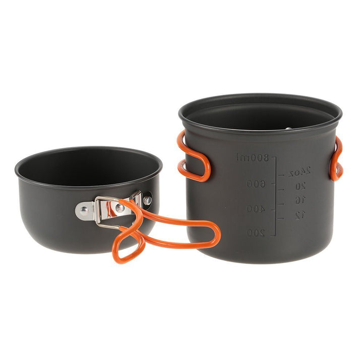 lightweight anodized aluminum backpacking cook set with nesting pots, foldable heat-resistant handles and compact folding gas stove Bowlift
