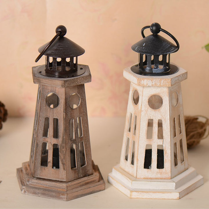 Hexagonal Wooden Lighthouse-Style Tealight Lantern with Cutout Windows and Metal Roof Bowlift