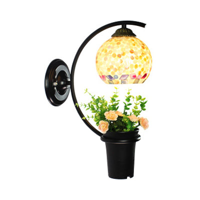 BowLift | Globe Wall Lamp Tiffany Joined Glass 1 Head Beige Wall Fixture with Flower Decoration