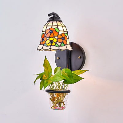 BowLift | Dome Wall Light Tiffany Multicolored Stained Glass 1 Head Red/Orange-Yellow/Blue Wall Mount Light with Plant Decoration