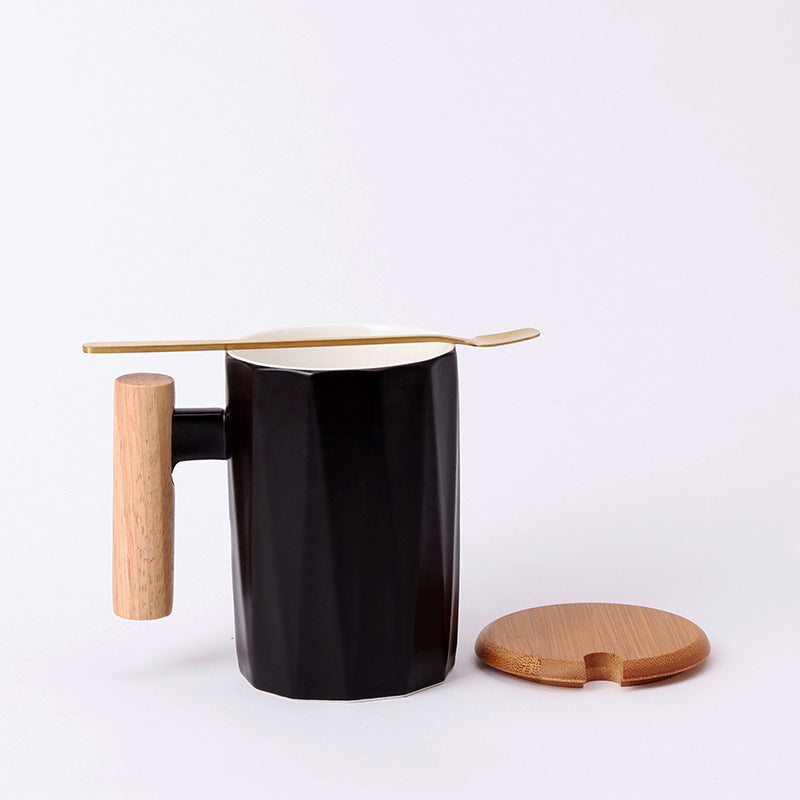 Ergonomic ceramic mug with solid wooden handle bamboo lid and metal spoon in gift box Bowlift