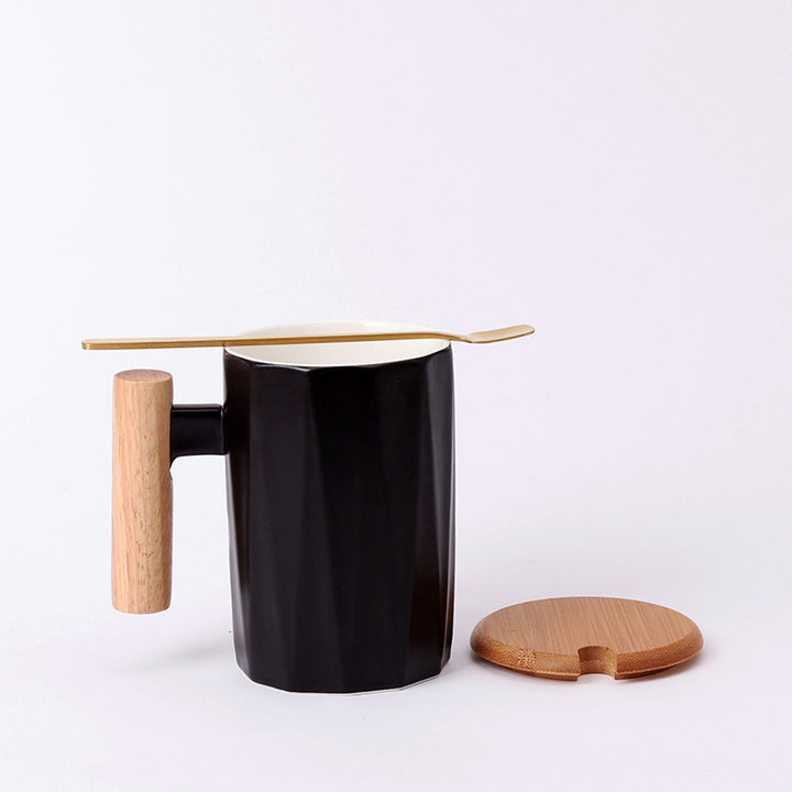 Ergonomic ceramic mug with solid wooden handle bamboo lid and metal spoon in gift box Bowlift