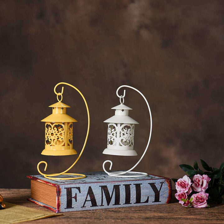 Decorative Filigree Hanging Tealight Lantern with Curved Metal Stand Set Bowlift