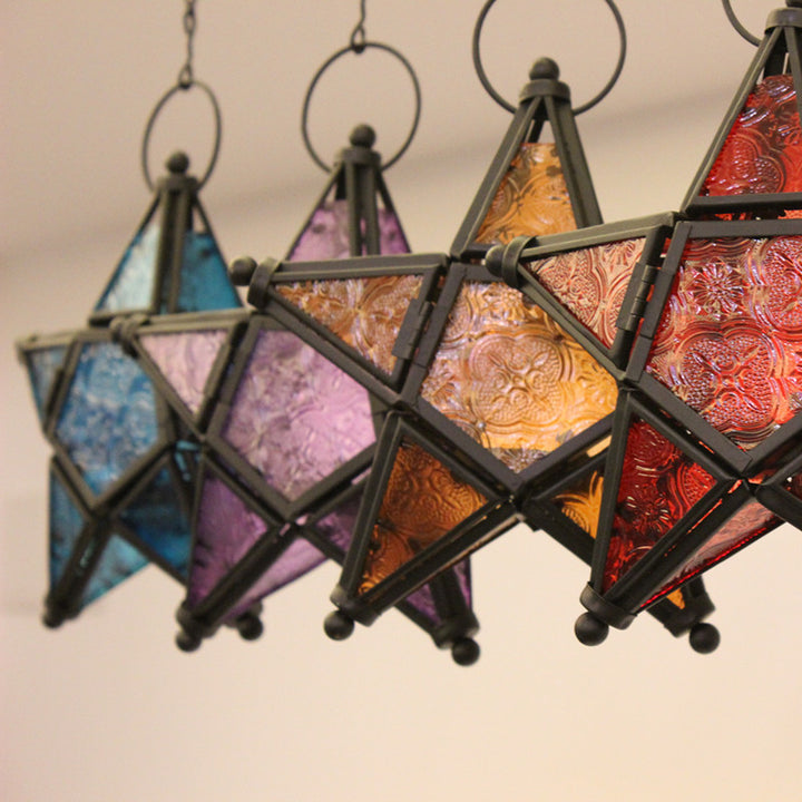 Moroccan-Inspired Stained Glass Star Hanging Lanterns with Embossed Panels Bowlift