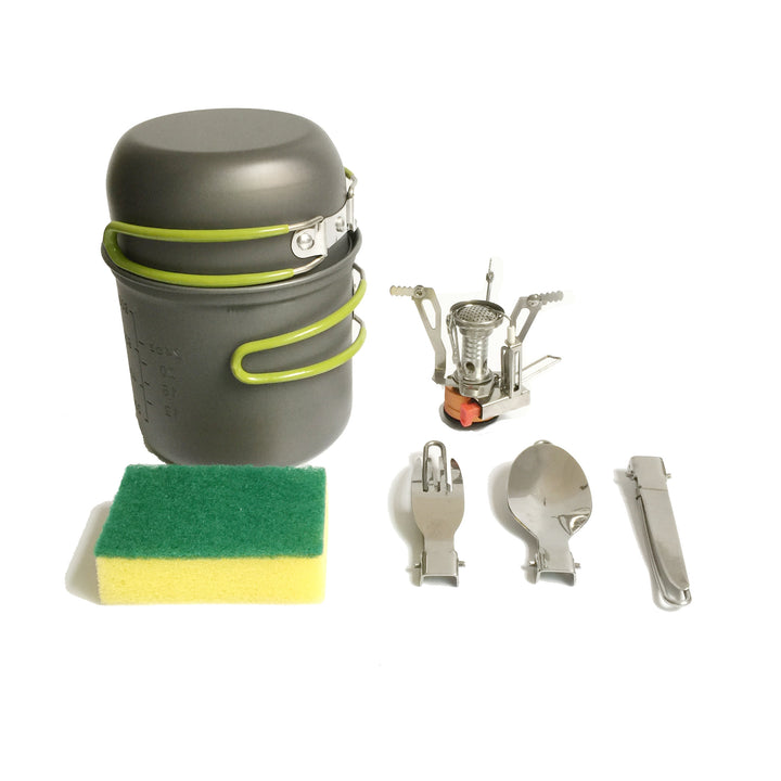 lightweight packable backpacking cookware and compact gas stove set with nonstick nesting pots and folding handles Bowlift