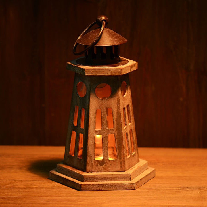 Rustic Distressed Wood Lantern Candle Holder with Glass Panels and Metal Roof Bowlift