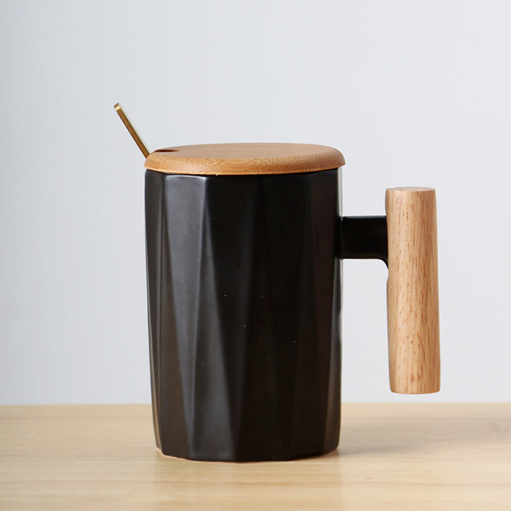 Ergonomic ceramic mug with solid wooden handle bamboo lid and metal spoon in gift box Bowlift