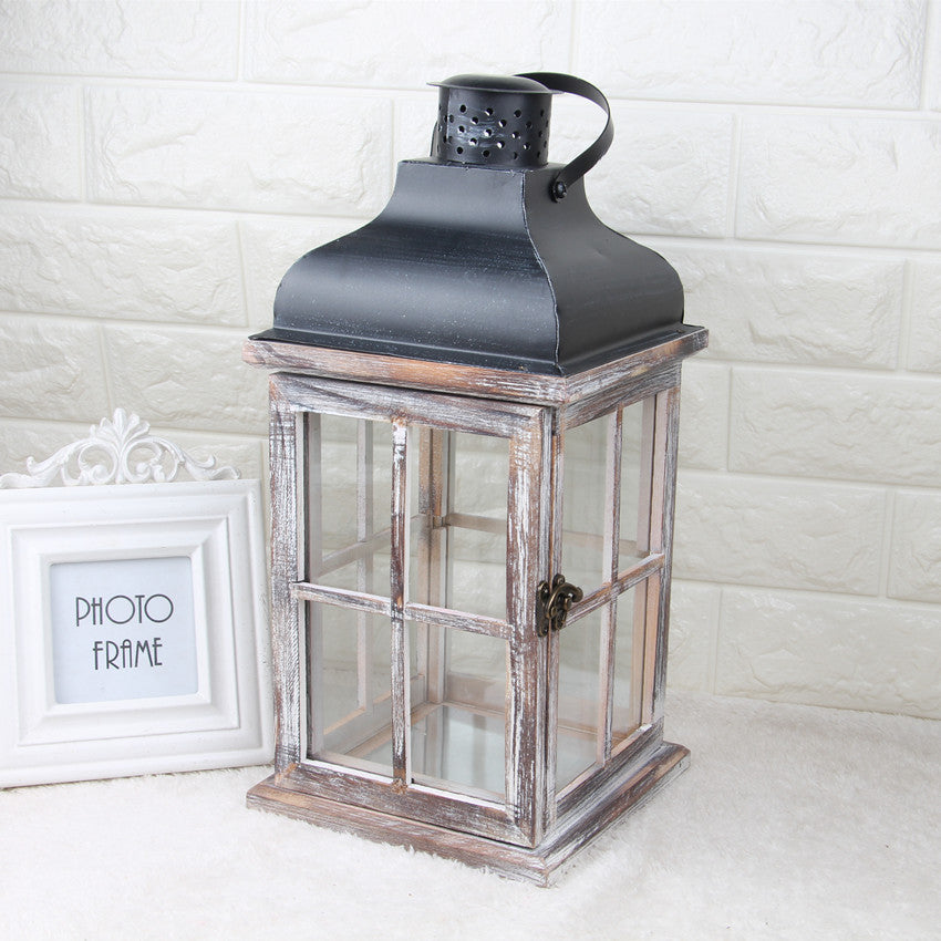 Antique-Style Glass Pane Window Lantern with Distressed Wood Frame and Vented Metal Roof Bowlift