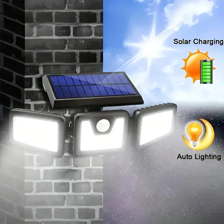 BowLift | Solar LED Floodlight with Motion Sensor – 3-Head Outdoor Security Lighting for Garden, Driveway & Garage