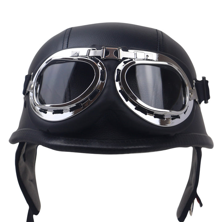 Vintage Leather Motorcycle Helmet with Goggles Bowlift