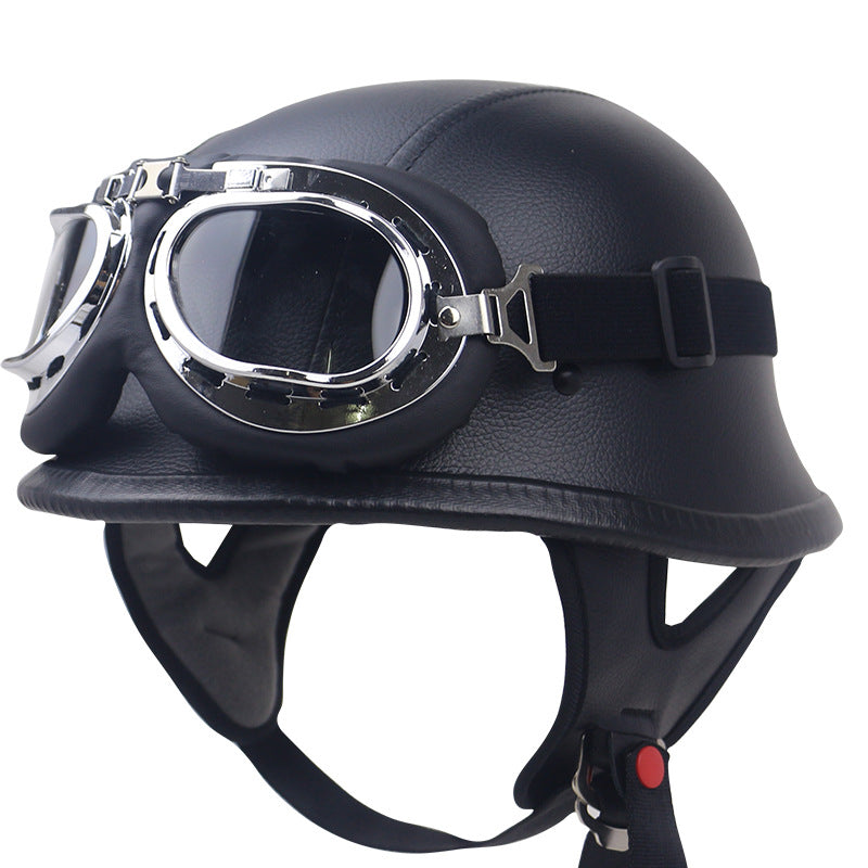 Vintage Leather Motorcycle Helmet with Goggles Bowlift