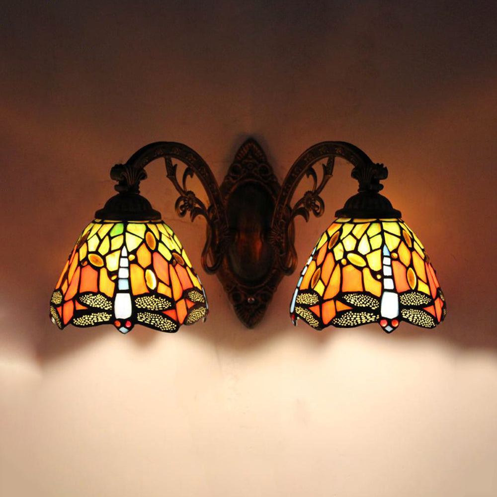 BowLift | Rustic Loft Dragonfly Wall Lamp with Curved Arm Enamelled Glass Double Wall Lamp for Bedroom