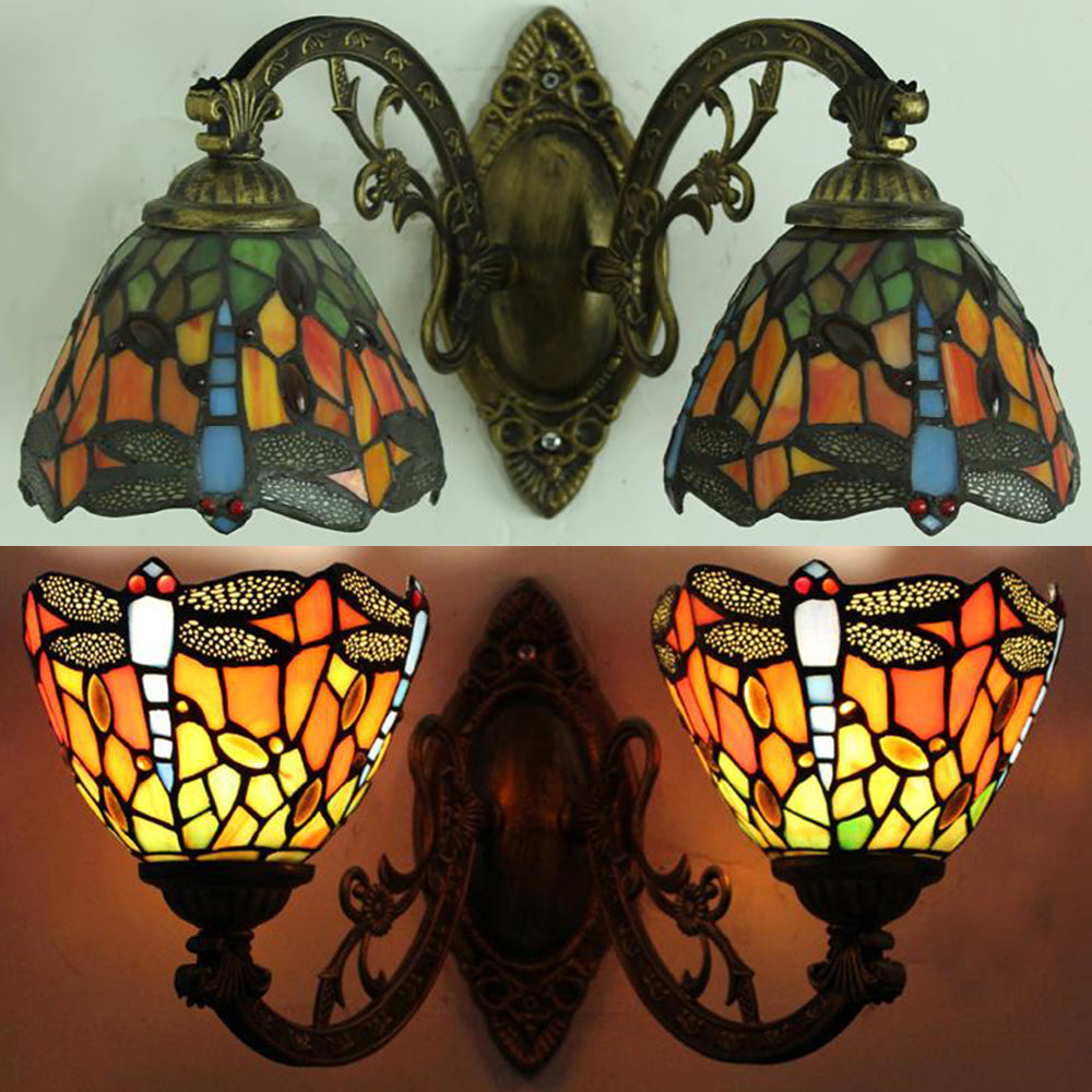 BowLift | Rustic Loft Dragonfly Wall Lamp with Curved Arm Enamelled Glass Double Wall Lamp for Bedroom