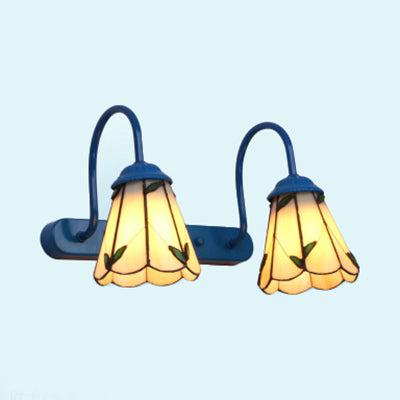 BowLift | Beige Glass Blue Wall Light Fixture Lily 2 Heads Tiffany Vanity Lighting Fixture for Bathroom