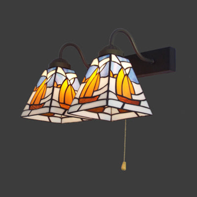 BowLift | 2 Heads Sailboat Wall Light Fixture Tiffany Blue Stained Glass Wall Lamp with Pull Chain
