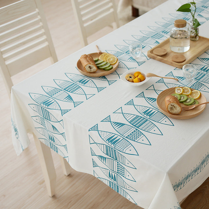 Rectangular cotton blend tablecloth with decorative fish jacquard and easy-care finish Bowlift