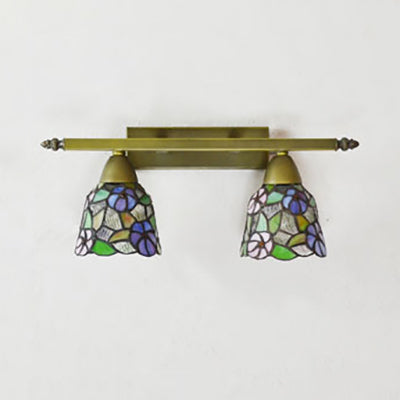 BowLift | Lodge Style Dome Wall Lamp with Sunflower/Grape/Yellow Flower/Morning Glory Glass Shard 2 Lights Bathroom Vanity Light in Brass