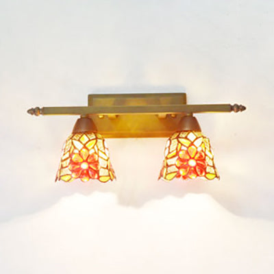 BowLift | Lodge Style Dome Wall Lamp with Sunflower/Grape/Yellow Flower/Morning Glory Glass Shard 2 Lights Bathroom Vanity Light in Brass