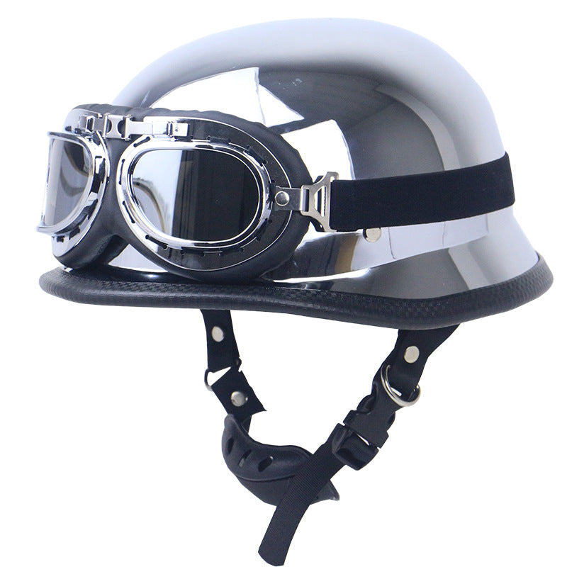 Chrome-Plated Vintage Motorcycle Helmet with Protective Goggles Bowlift