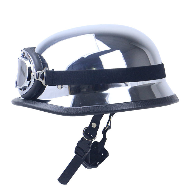Chrome-Plated Vintage Motorcycle Helmet with Protective Goggles Bowlift