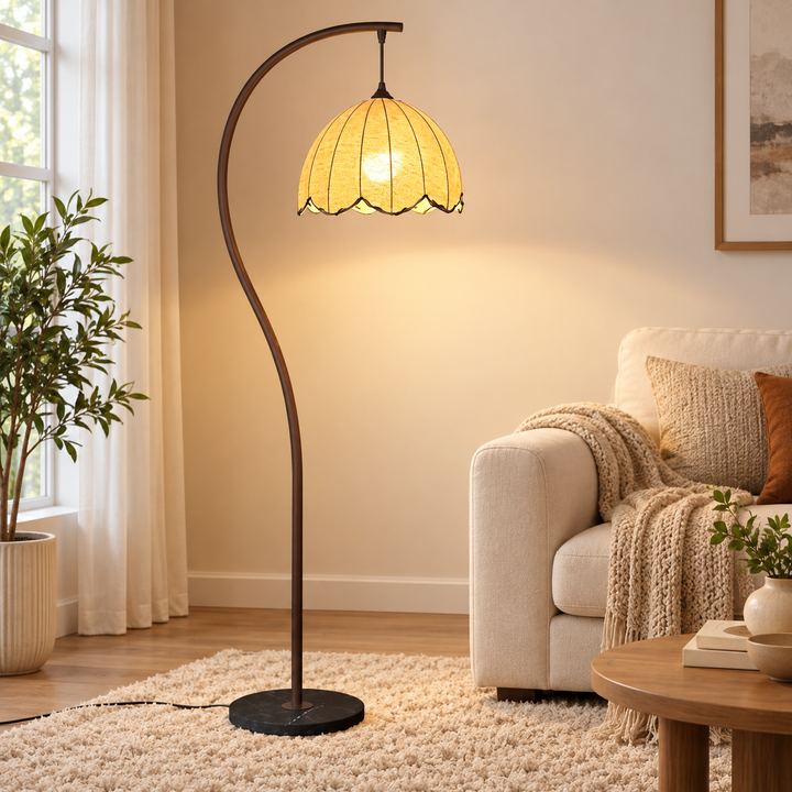 Arc Curved Floor Lamp with Woven Petal Shade Ambient Lighting Bowlift