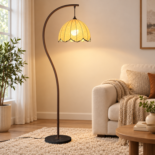 Arc Curved Floor Lamp with Woven Petal Shade Ambient Lighting Bowlift