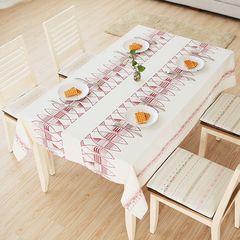 Rectangular cotton blend tablecloth with decorative fish jacquard and easy-care finish Bowlift