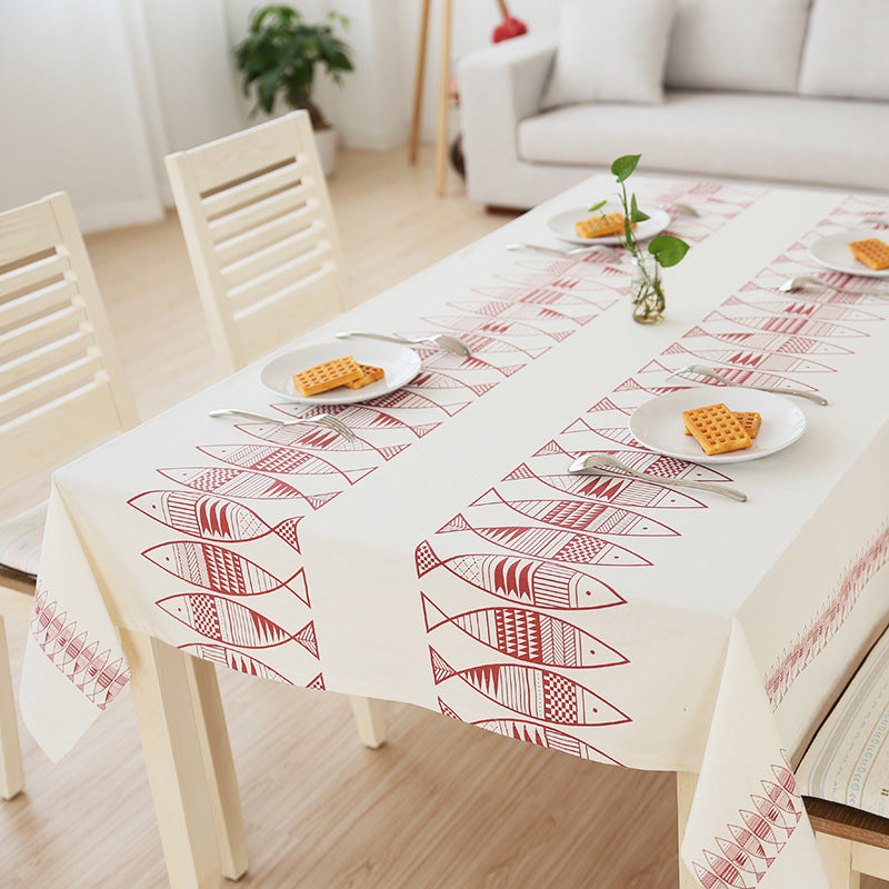 Rectangular cotton blend tablecloth with decorative fish jacquard and easy-care finish Bowlift