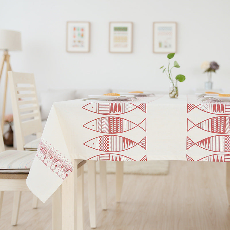 Rectangular cotton blend tablecloth with decorative fish jacquard and easy-care finish Bowlift