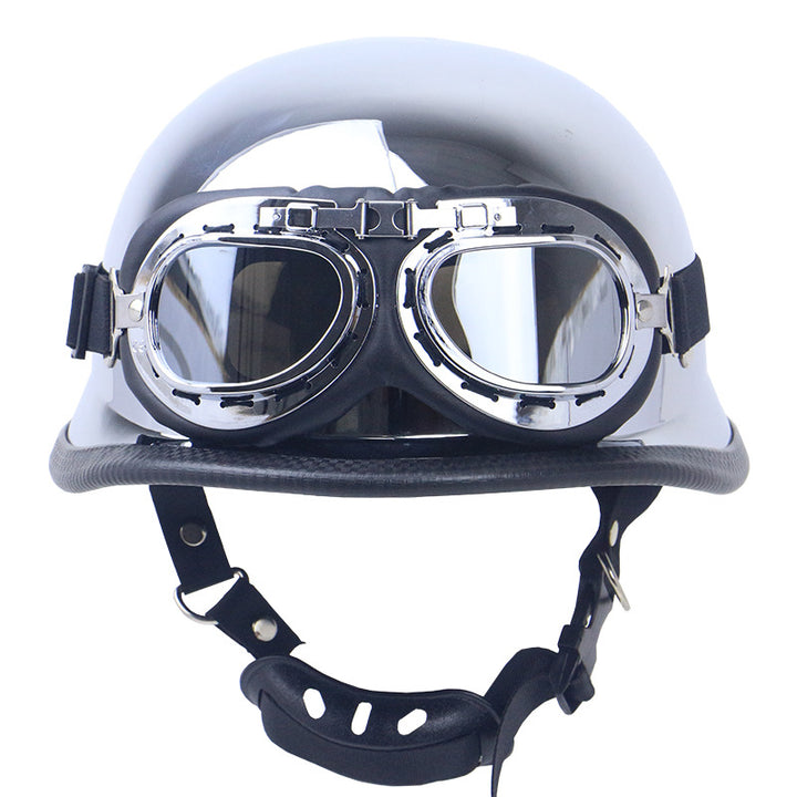 Chrome-Plated Vintage Motorcycle Helmet with Protective Goggles Bowlift