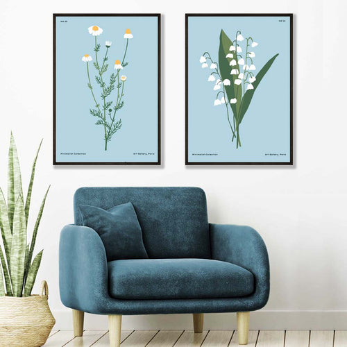 Blue wildflower illustration framed set of 2 art prints | Bowlift