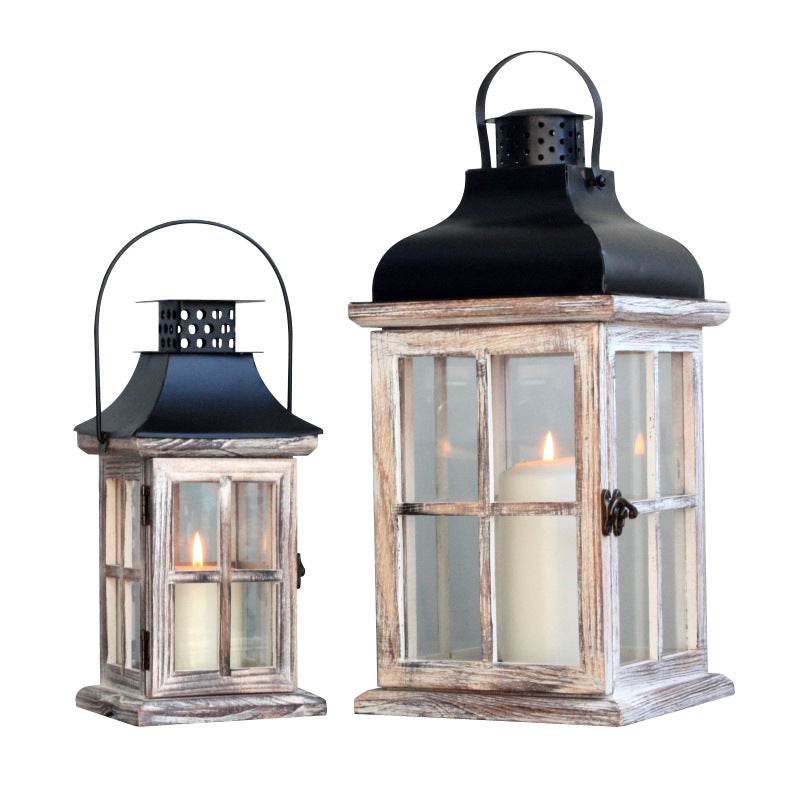 Hand-Finished Weathered Wood Windowpane Lanterns with Metal Roof and Glass Panels Set Bowlift