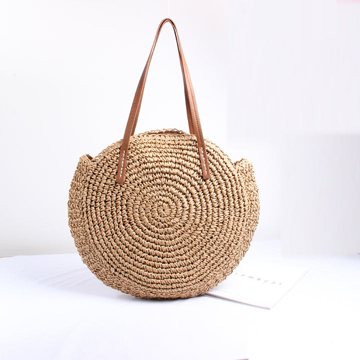 Handcrafted Round Basket Bag with Short Leather Handles Bowlift