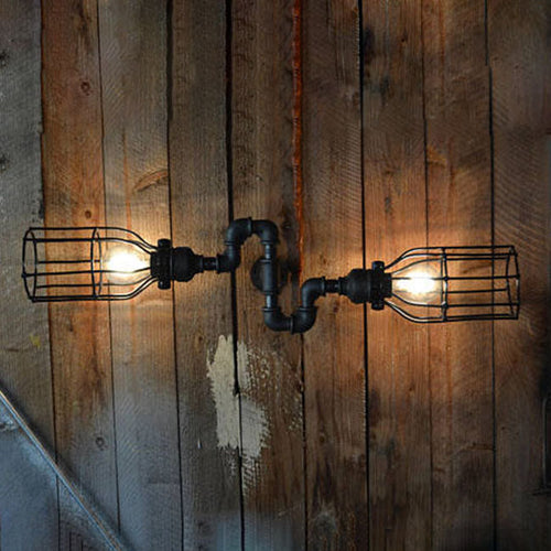 BowLift | Black Wire Frame Wall Light with Pipe Rustic Metal 2 Lights Restaurant Wall Light Light