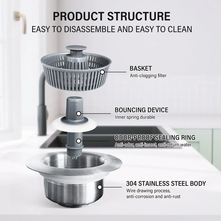 BowLift | Drain Strainer & Stopper | 304 Stainless Steel + ABS | Anti-Clog Basket | Fits Standard Kitchen Sinks