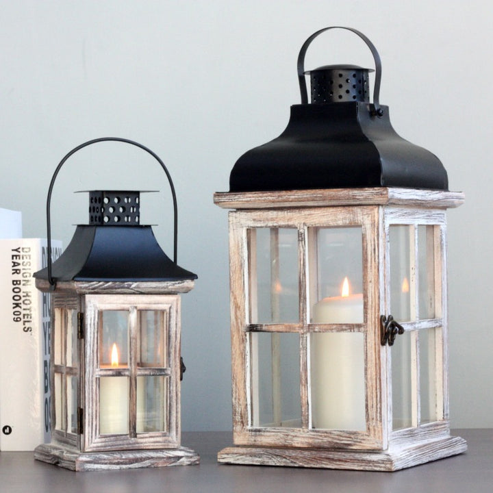 Hand-Finished Weathered Wood Windowpane Lanterns with Metal Roof and Glass Panels Set Bowlift