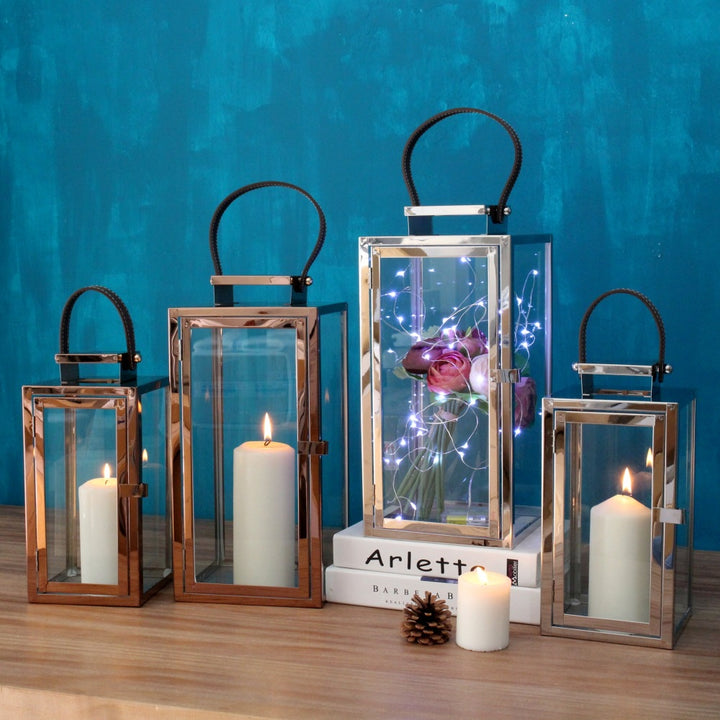 Rectangular Glass Candle Lanterns with Polished Metal Frame and Faux Leather Handle Set Bowlift