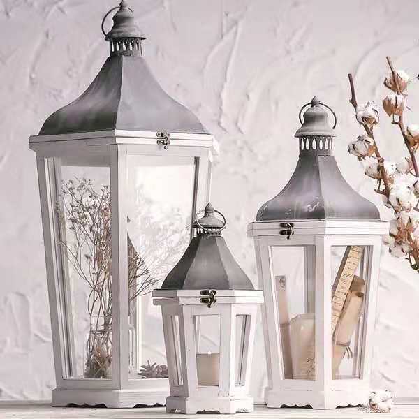Rustic Weathered Wood and Metal Indoor Outdoor Candle Lantern Set Bowlift