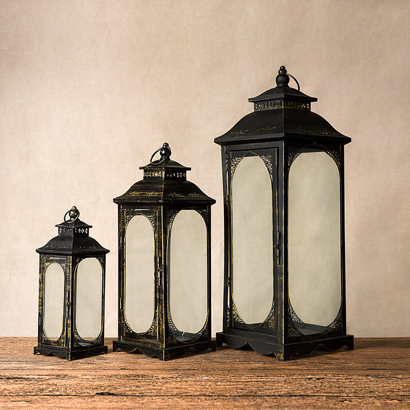 Antique-Style Metal and Glass Lantern Trio with Hinged Door and Carry Ring Bowlift