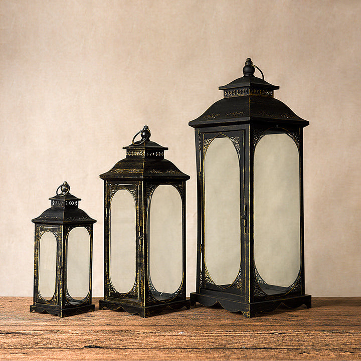 Antique-Style Metal and Glass Lantern Trio with Hinged Door and Carry Ring Bowlift