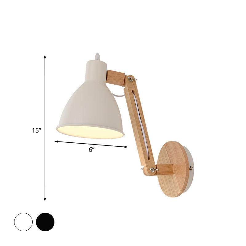 BowLift | Iron Dome Wall Mounted Lamp Modern 1 Head White/Black Finish Wall Light with Wooden Swivel Arm