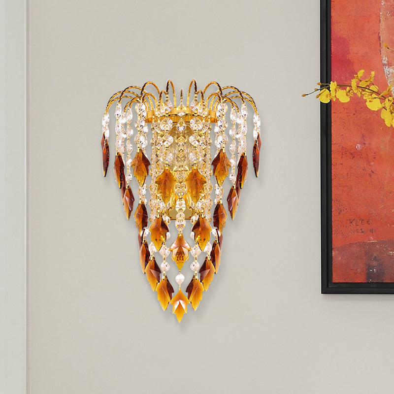 BowLift | Modern 2-light Wall Lighting Brass Finish Curved Wall-Mounted Lamp with Tan/Blue Crystal Lampshade