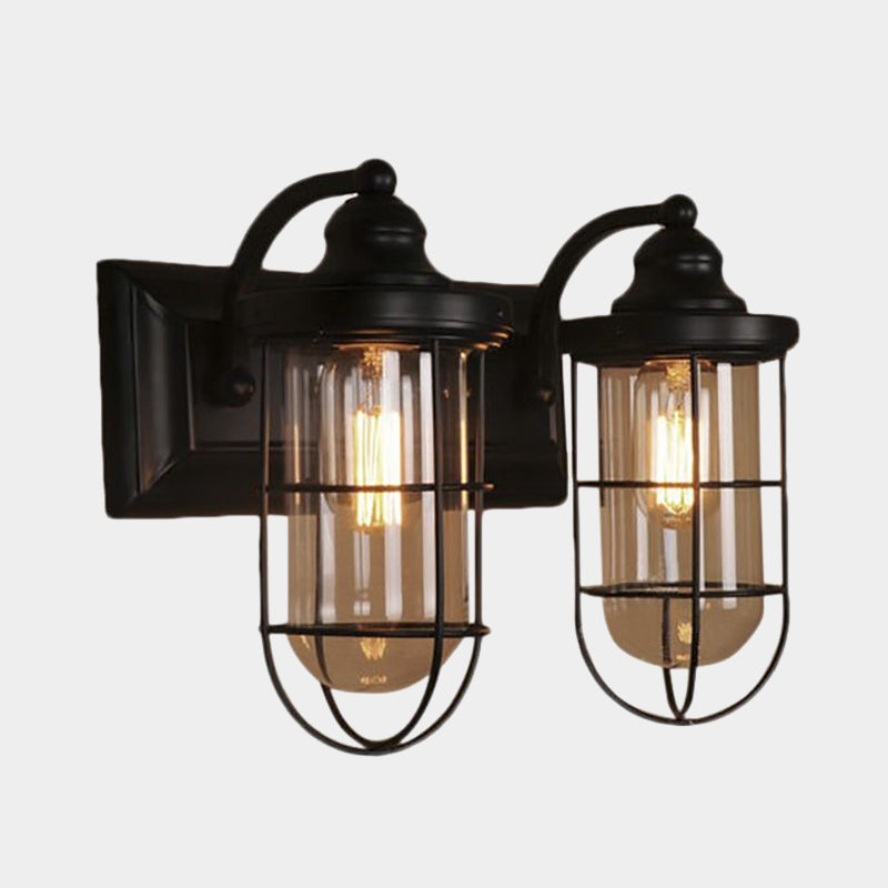 BowLift | Industrial wire cage wall lighting 1/2-lamp clear glass wall lamp in black for stairs.