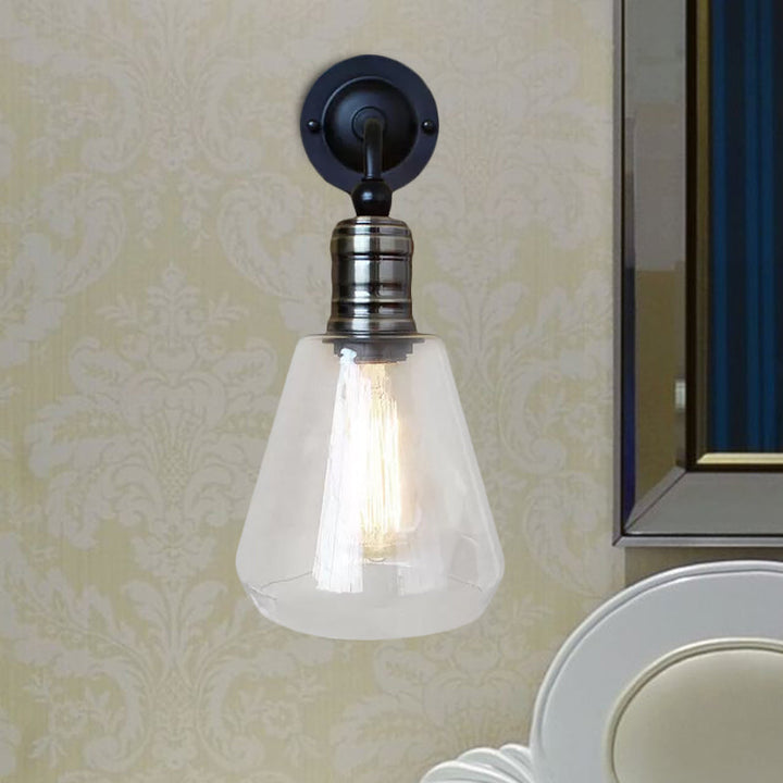 BowLift | Rustic Style Tapered Shade Wall Lighting Fixture Single Gloss Clear Glass Wall Lamp in Black for Kitchen