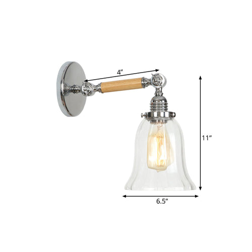 BowLift | 1 Light Clear Textured Glass Wall Sconce Light Vintage Chrome Bell Living Room Lighting Fixture, 8