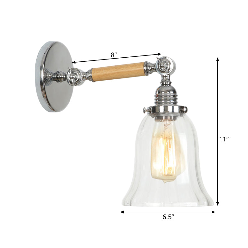 BowLift | 1 Light Clear Textured Glass Wall Sconce Light Vintage Chrome Bell Living Room Lighting Fixture, 8"/4"/6" Wide Wooden Arm