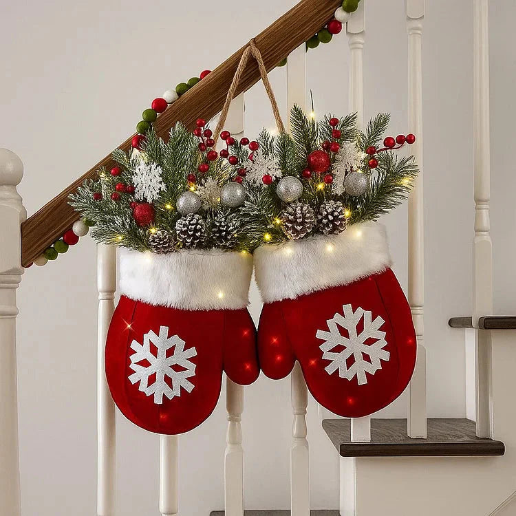 BowLift | Pre-lit Christmas wreath in mitten shape – 120 LEDs with timer function