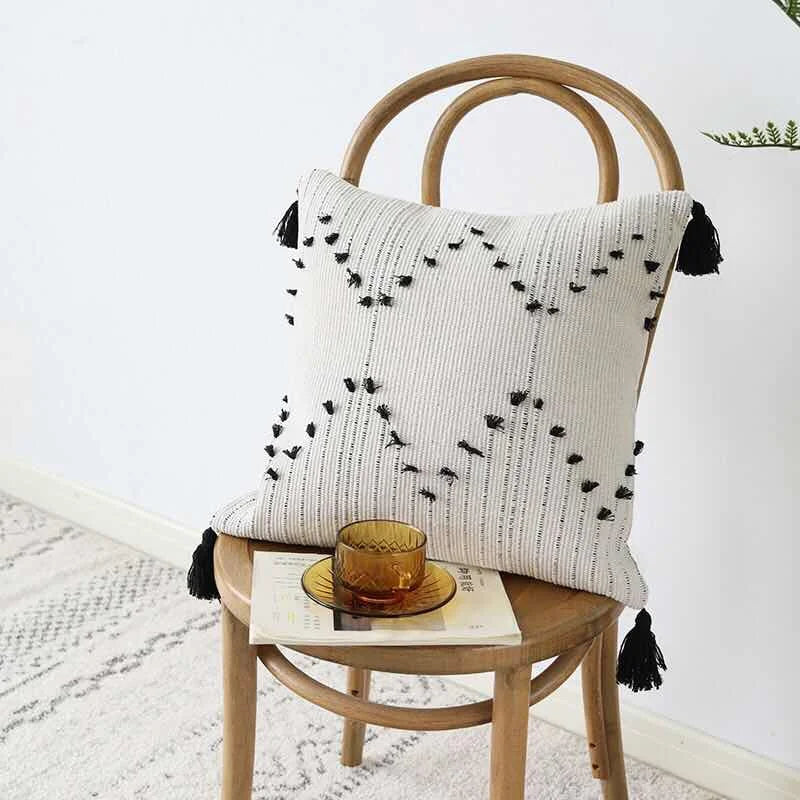 BowLift | White and Black Geometric Cushion Cover with Tassels