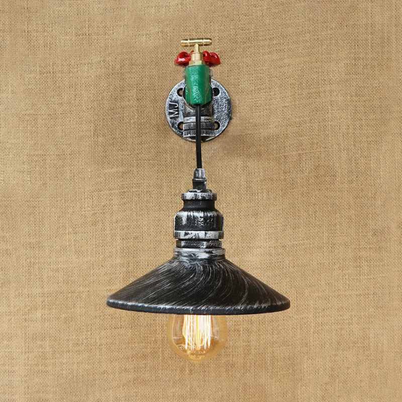 BowLift | Steampunk Wall Lamp with Conical Shade 1 Lamp Cast Iron Wall Light in Aged Silver