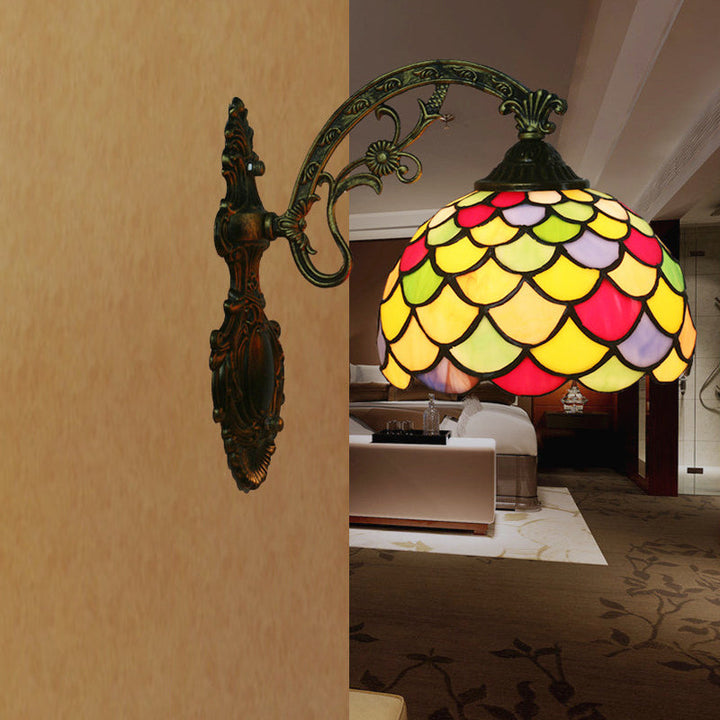 BowLift | Fishscale Speckled Art Glass Wall Lamp Tiffany 1 Lamp Brass Wall Lamp Light with Curved Arm